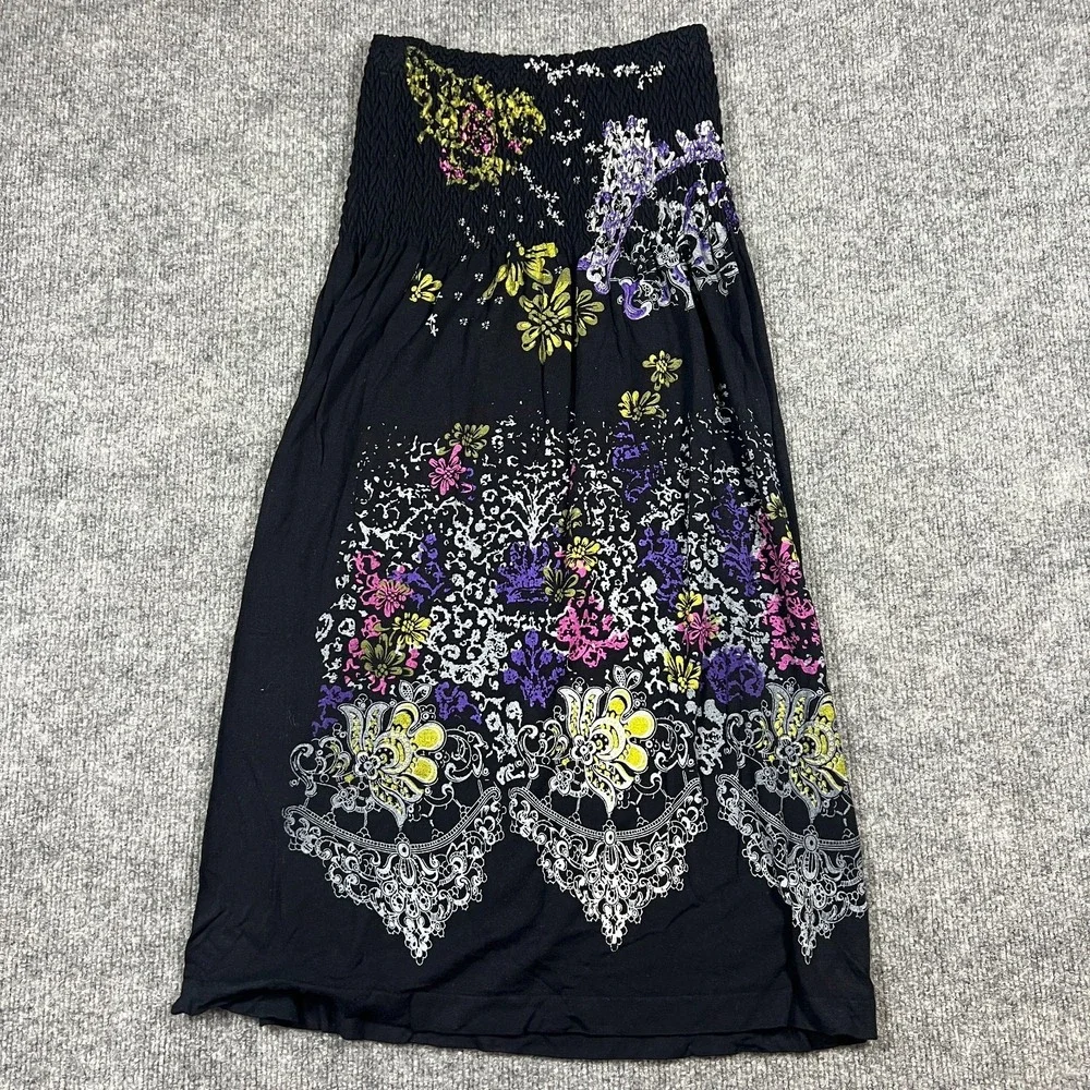 JJ Authentic Strapless Tube Dress Womens Medium Black Floral Boho Smocked Waist‎